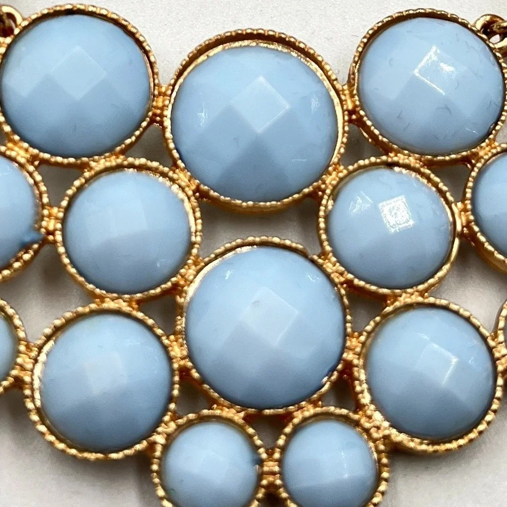 Vintage Retro Sky Blue Cabochon Bib Statement Necklace Gold Tone Geo Bubbles - Picture 7 of 13